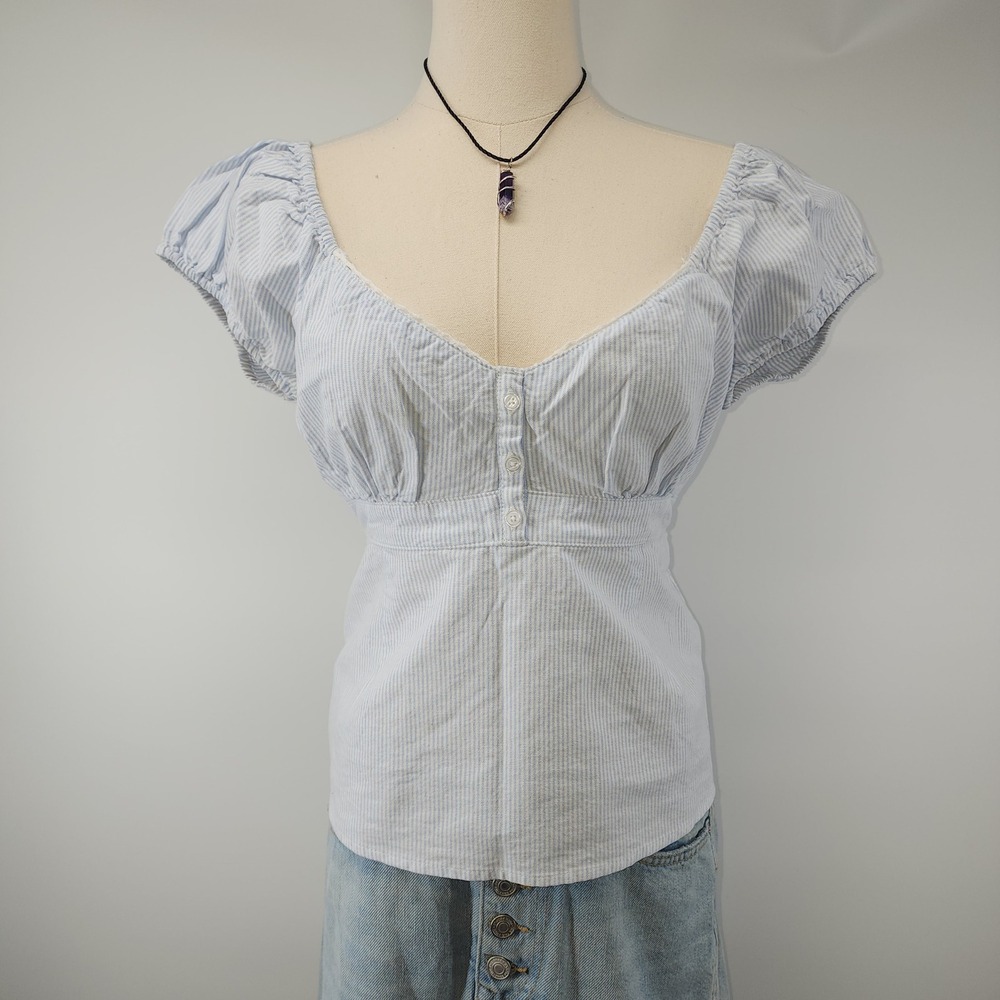 Aeropostale Womens Blue Striped Milkmaid Puff Sleeve Smocked Top Large